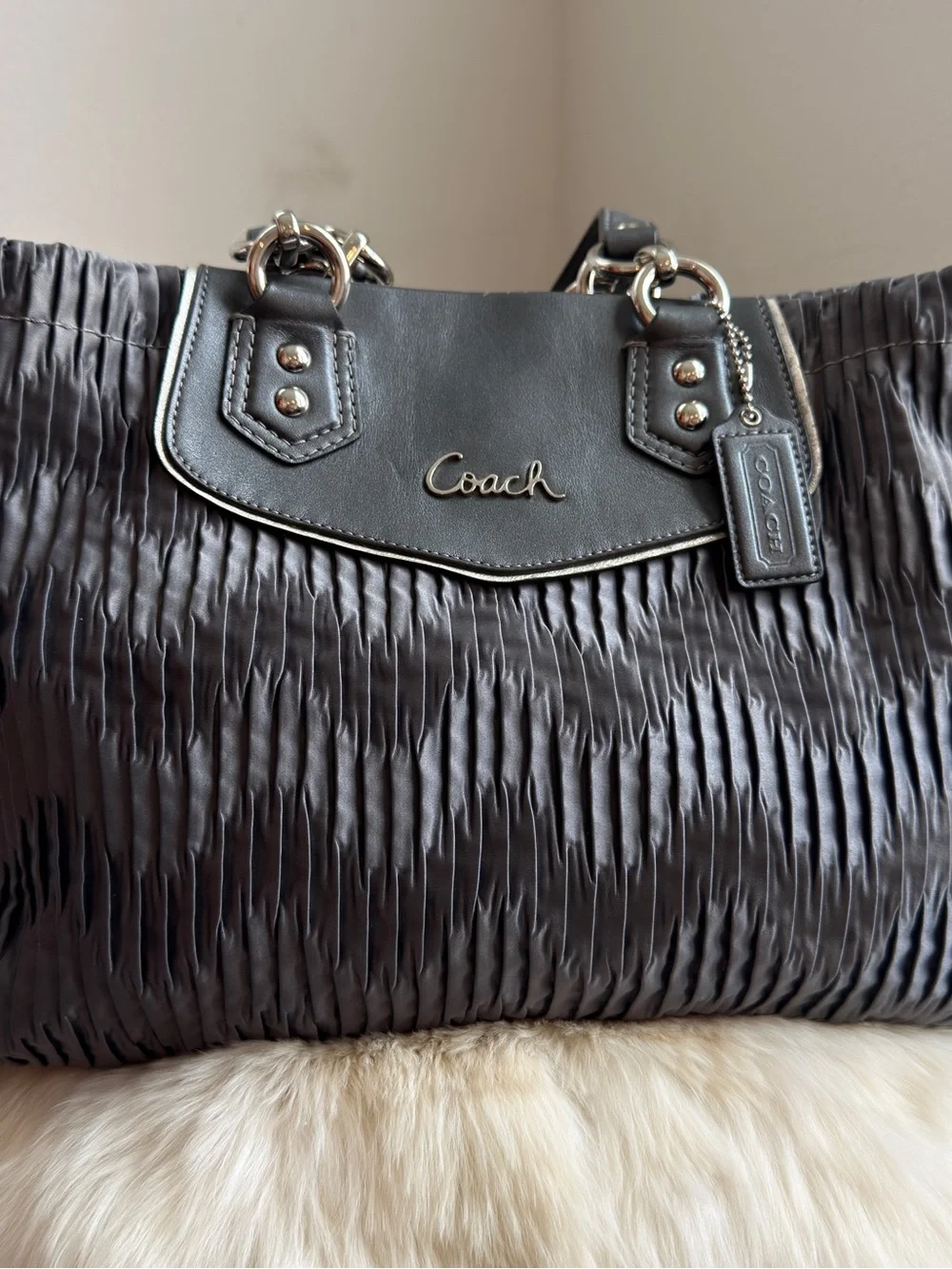 Coach Ashley Ruched Leather Shoulder Bag in Charcoal